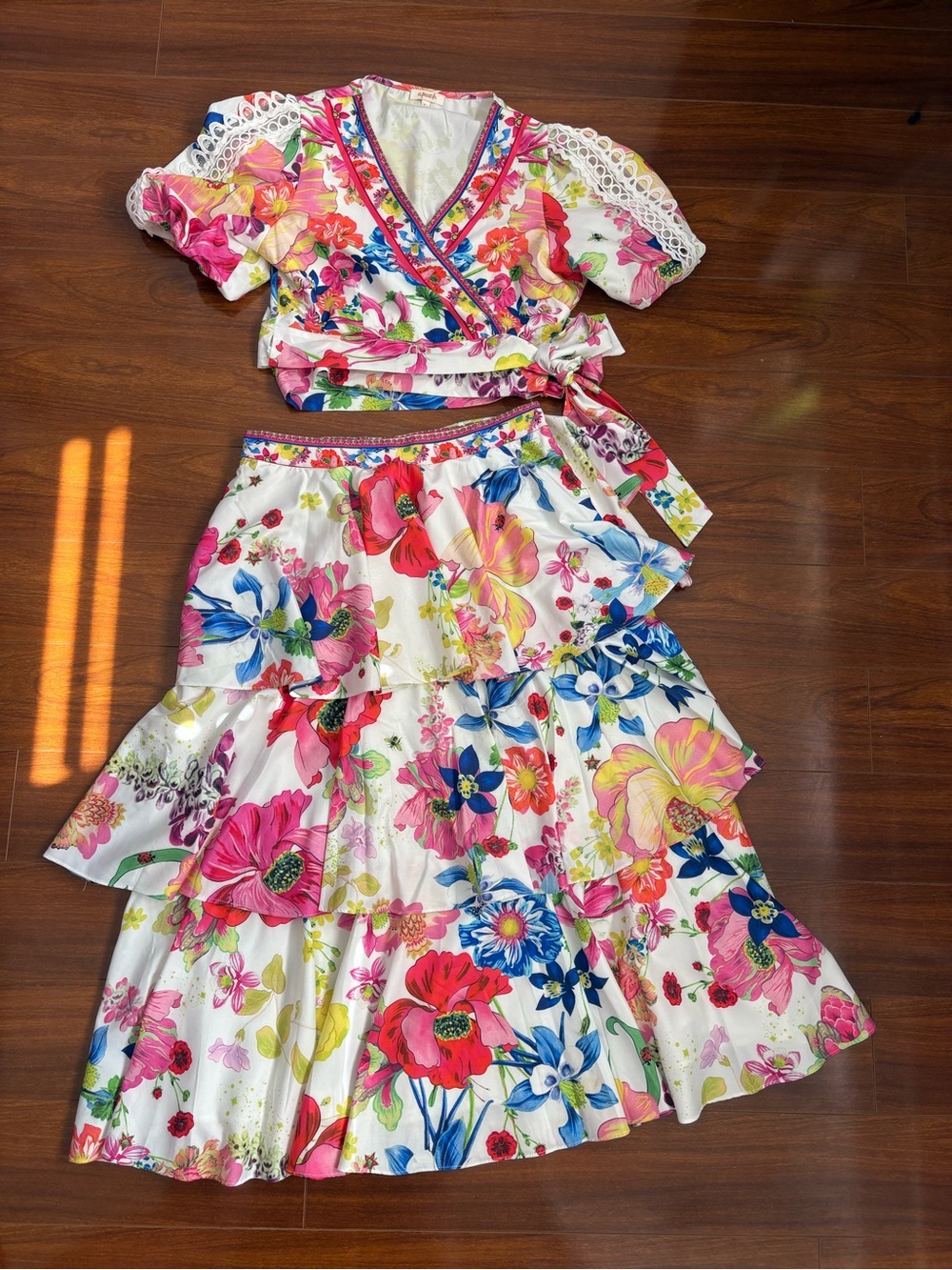Girls Floral Wrap Top & Tiered Skirt Set - White Multi